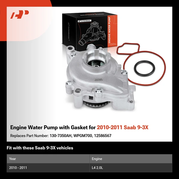 Engine Water Pump with Gasket for 2010-2011 Saab 9-3X