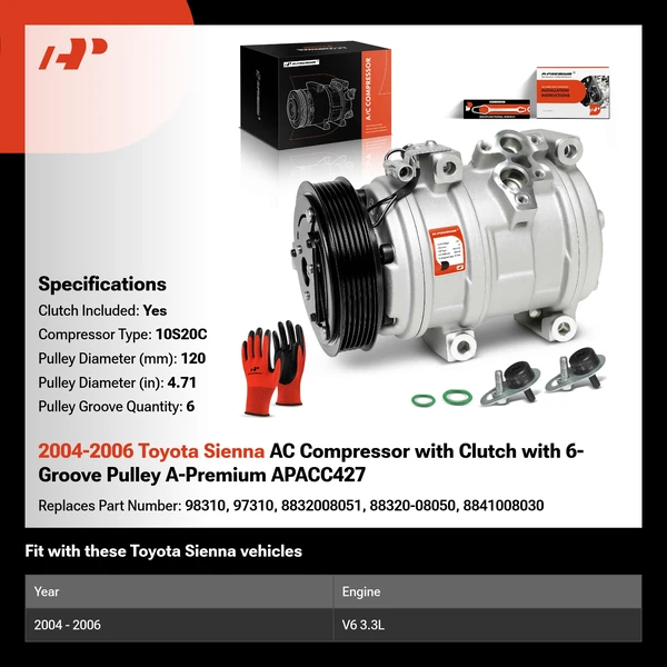 2004-2006 Toyota Sienna AC Compressor with Clutch with 6-Groove Pulley A-Premium APACC427