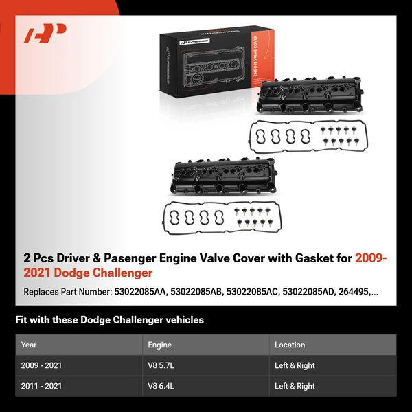 2 Pcs Driver & Pasenger Engine Valve Cover with Gasket for 2009-2021 Dodge Challenger