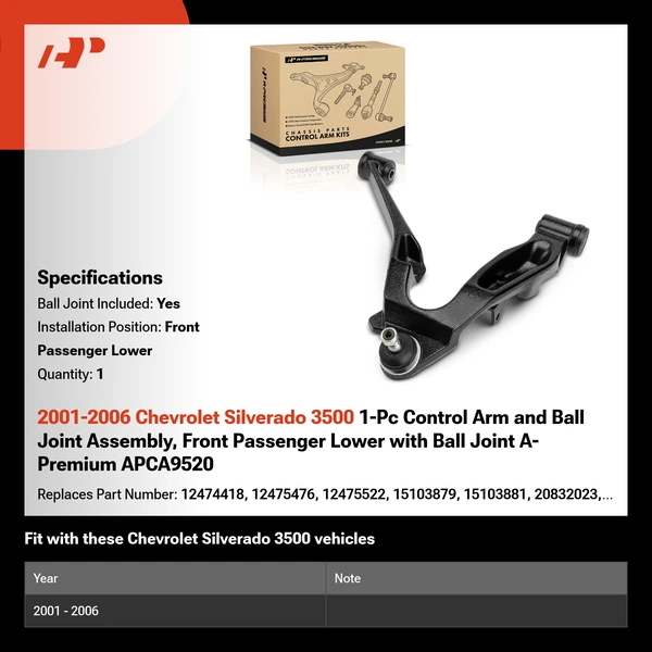2001-2006 Chevrolet Silverado 3500 1-Pc Control Arm and Ball Joint Assembly, Front Passenger Lower with Ball Joint A-Premium APCA9520