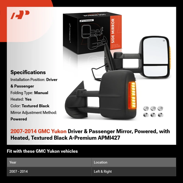 2007-2014 GMC Yukon Driver & Passenger Mirror, Powered, with Heated, Textured Black A-Premium APMI427