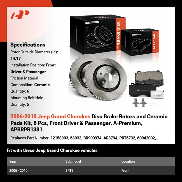 2006-2010 Jeep Grand Cherokee Disc Brake Rotors and Ceramic Pads Kit, 6 Pcs, Front Driver & Passenger, A-Premium, APBRPR1381
