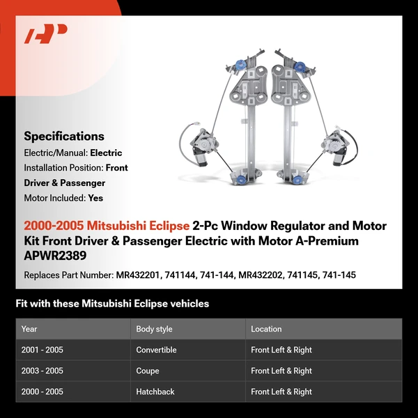 2000-2005 Mitsubishi Eclipse 2-Pc Window Regulator and Motor Kit Front Driver & Passenger Electric with Motor A-Premium APWR2389