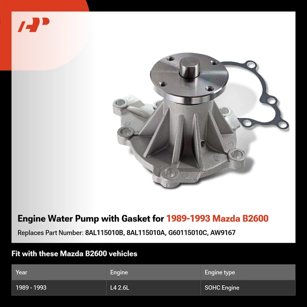 Engine Water Pump with Gasket for 1989-1993 Mazda B2600