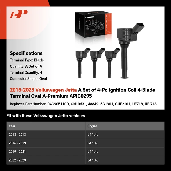2016-2023 Volkswagen Jetta A Set of 4-Pc Ignition Coil 4-Blade Terminal Oval A-Premium APIC0295