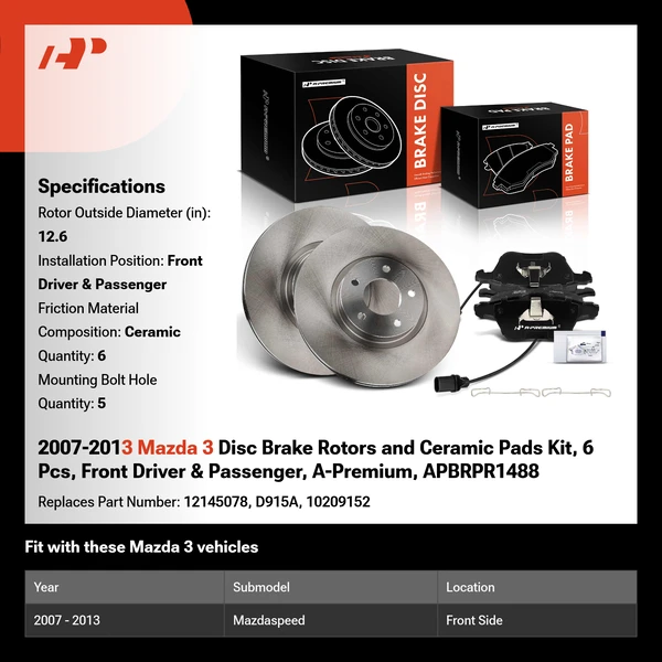 2007-2013 Mazda 3 Disc Brake Rotors and Ceramic Pads Kit, 6 Pcs, Front Driver & Passenger, A-Premium, APBRPR1488