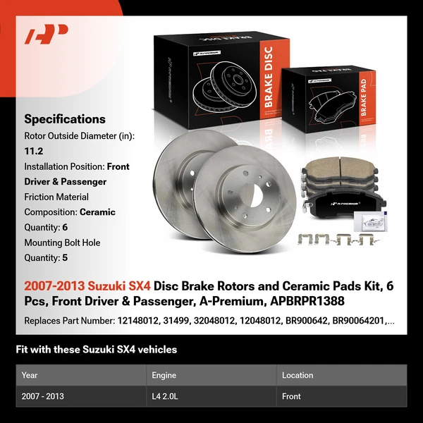 2007-2013 Suzuki SX4 Disc Brake Rotors and Ceramic Pads Kit, 6 Pcs, Front Driver & Passenger, A-Premium, APBRPR1388