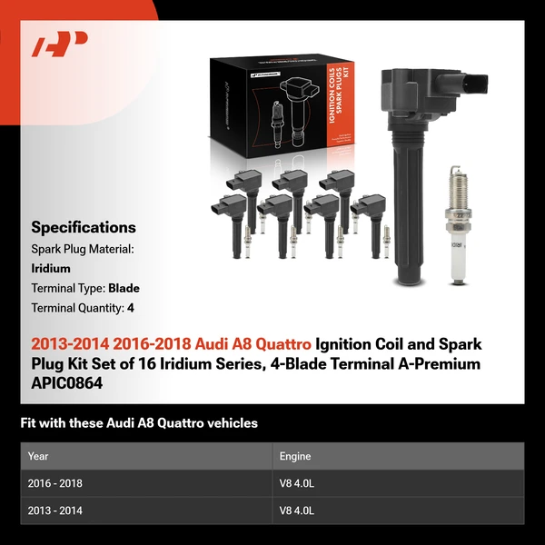 2013-2014 2016-2018 Audi A8 Quattro Ignition Coil and Spark Plug Kit Set of 16 Iridium Series, 4-Blade Terminal A-Premium APIC0864