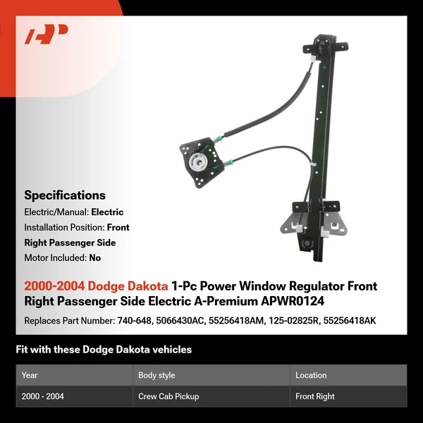 2000-2004 Dodge Dakota 1-Pc Power Window Regulator Front Right Passenger Side Electric A-Premium APWR0124