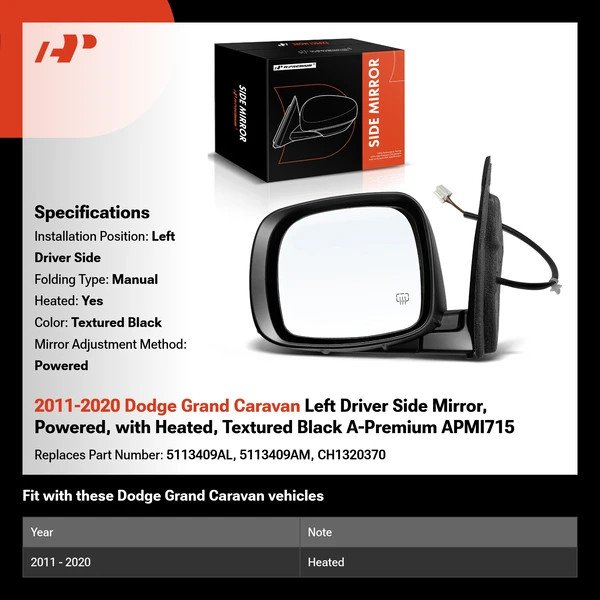 2011-2020 Dodge Grand Caravan Left Driver Side Mirror, Powered, with Heated, Textured Black A-Premium APMI715