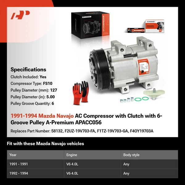 1991-1994 Mazda Navajo AC Compressor with Clutch with 6-Groove Pulley A-Premium APACC056