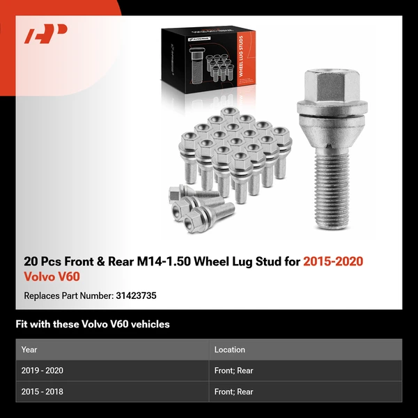 20 Pcs Front & Rear M14-1.50 Wheel Lug Stud for 2015-2020 Volvo V60