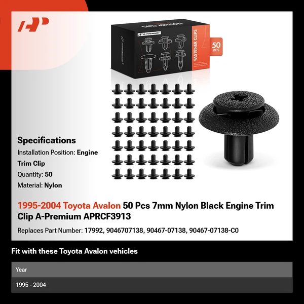 1995-2004 Toyota Avalon 50 Pcs 7mm Nylon Black Engine Trim Clip A-Premium APRCF3913