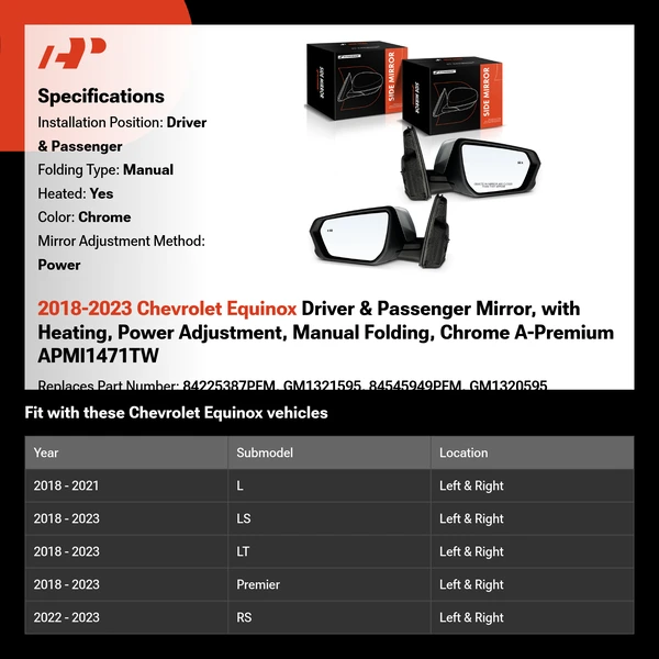 2018-2023 Chevrolet Equinox Driver & Passenger Mirror, with Heating, Power Adjustment, Manual Folding, Chrome A-Premium APMI1471TW
