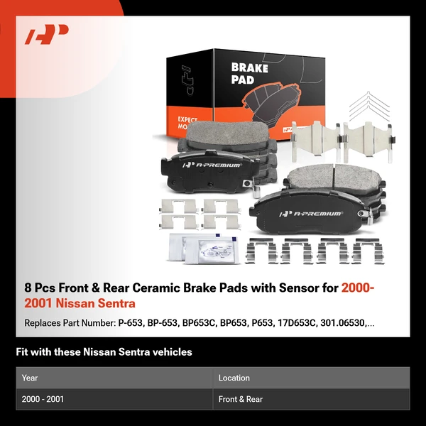 8 Pcs Front & Rear Ceramic Brake Pads with Sensor for 2000-2001 Nissan Sentra