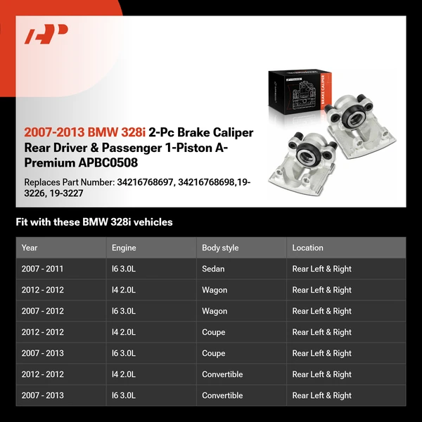 2007-2013 BMW 328i 2-Pc Brake Caliper Rear Driver & Passenger 1-Piston A-Premium APBC0508