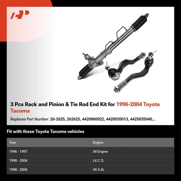 3 Pcs Rack and Pinion & Tie Rod End Kit for 1996-2004 Toyota Tacoma