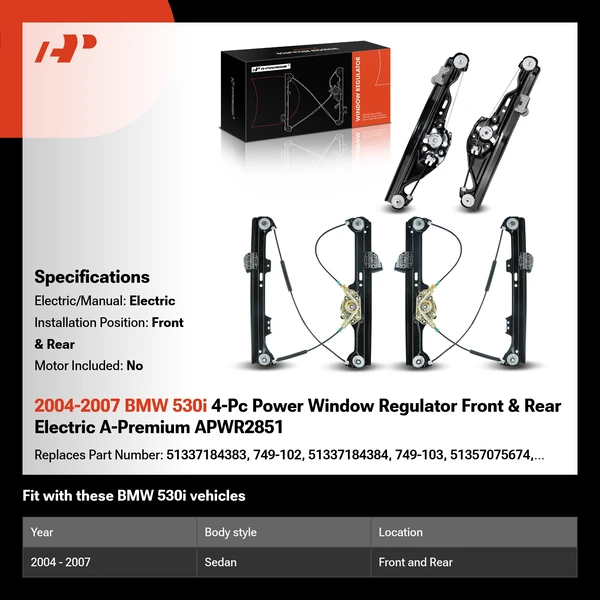 2004-2007 BMW 530i 4-Pc Power Window Regulator Front & Rear Electric A-Premium APWR2851