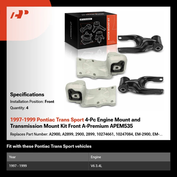 1997-1999 Pontiac Trans Sport 4-Pc Engine Mount and Transmission Mount Kit Front A-Premium APEM535