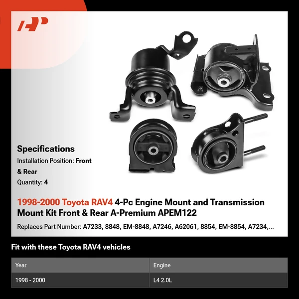 1998-2000 Toyota RAV4 4-Pc Engine Mount and Transmission Mount Kit Front & Rear A-Premium APEM122