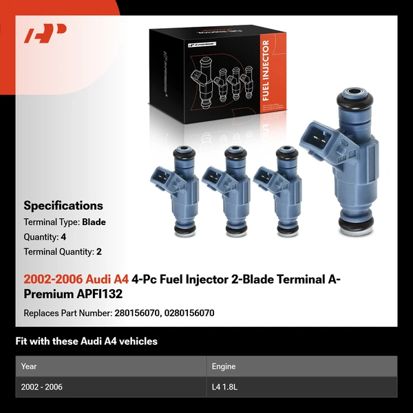 2002-2006 Audi A4 4-Pc Fuel Injector 2-Blade Terminal A-Premium APFI132