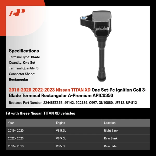 2016-2020 2022-2023 Nissan TITAN XD One Set-Pc Ignition Coil 3-Blade Terminal Rectangular A-Premium APIC0350