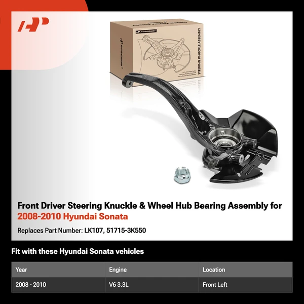 Front Driver Steering Knuckle & Wheel Hub Bearing Assembly for 2008-2010 Hyundai Sonata