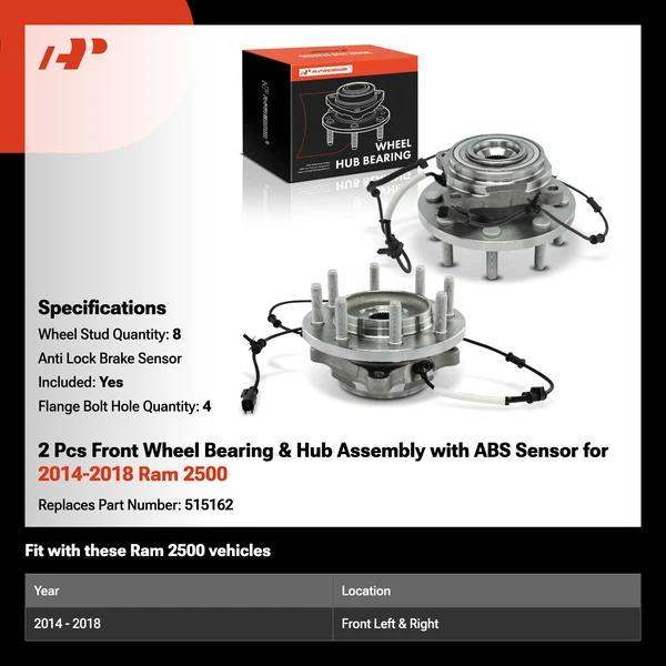 2 Pcs Front Wheel Bearing & Hub Assembly with ABS Sensor for 2014-2018 Ram 2500