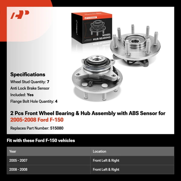 2 Pcs Front Wheel Bearing & Hub Assembly with ABS Sensor for 2005-2008 Ford F-150