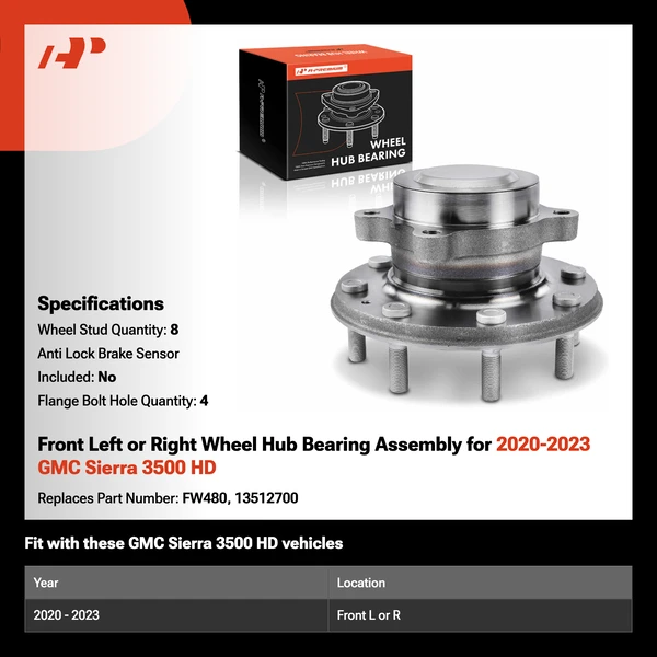 A-Premium APHB1535 2020-2023 GMC Sierra 3500 HD Wheel Bearing and Hub Assembly Kit Front Driver or Passenger