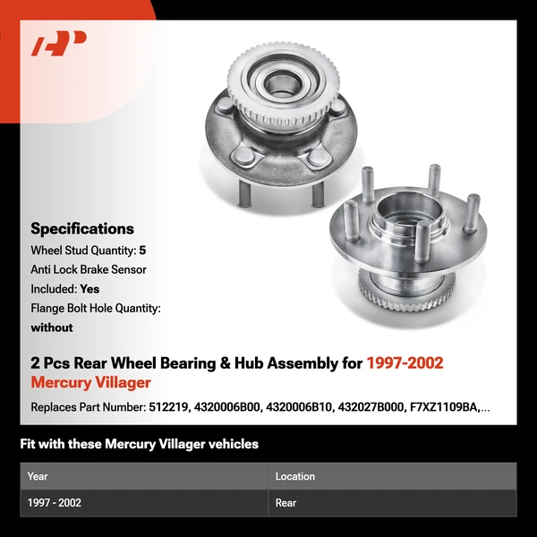 2 Pcs Rear Wheel Bearing & Hub Assembly for 1997-2002 Mercury Villager