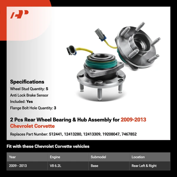 2 Pcs Rear Wheel Bearing & Hub Assembly for 2009-2013 Chevrolet Corvette