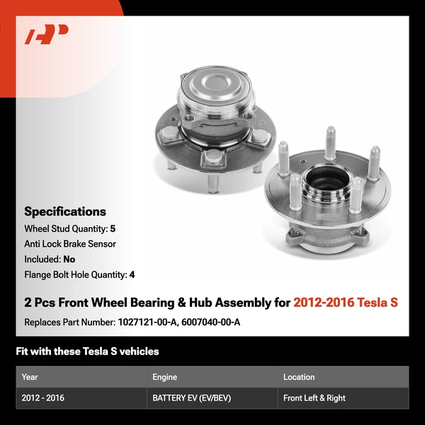 2 Pcs Front Wheel Bearing & Hub Assembly for 2012-2016 Tesla S