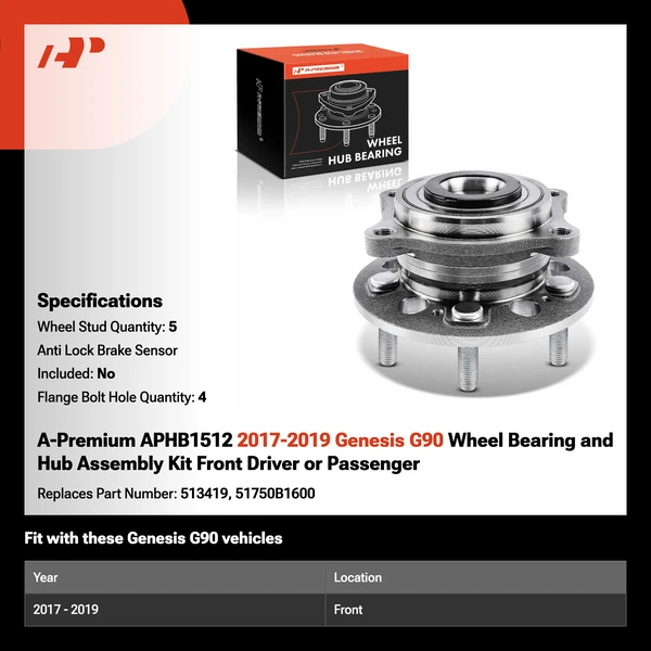 A-Premium APHB1512 2017-2019 Genesis G90 Wheel Bearing and Hub Assembly Kit Front Driver or Passenger