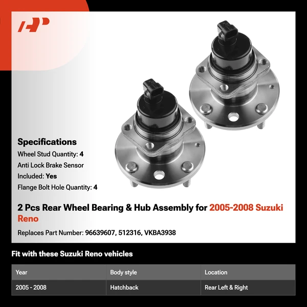 2 Pcs Rear Wheel Bearing & Hub Assembly for 2005-2008 Suzuki Reno