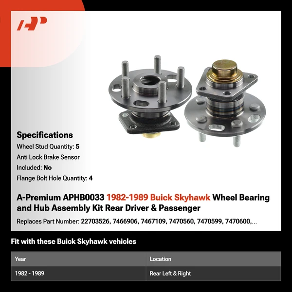 A-Premium APHB0033 1982-1989 Buick Skyhawk Wheel Bearing and Hub Assembly Kit Rear Driver & Passenger