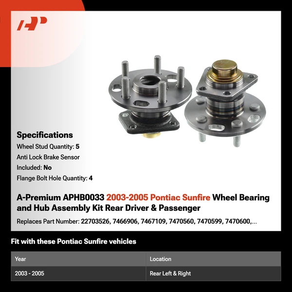 A-Premium APHB0033 2003-2005 Pontiac Sunfire Wheel Bearing and Hub Assembly Kit Rear Driver & Passenger