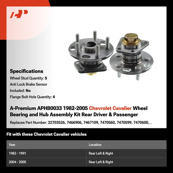 A-Premium APHB0033 1982-2005 Chevrolet Cavalier Wheel Bearing and Hub Assembly Kit Rear Driver & Passenger