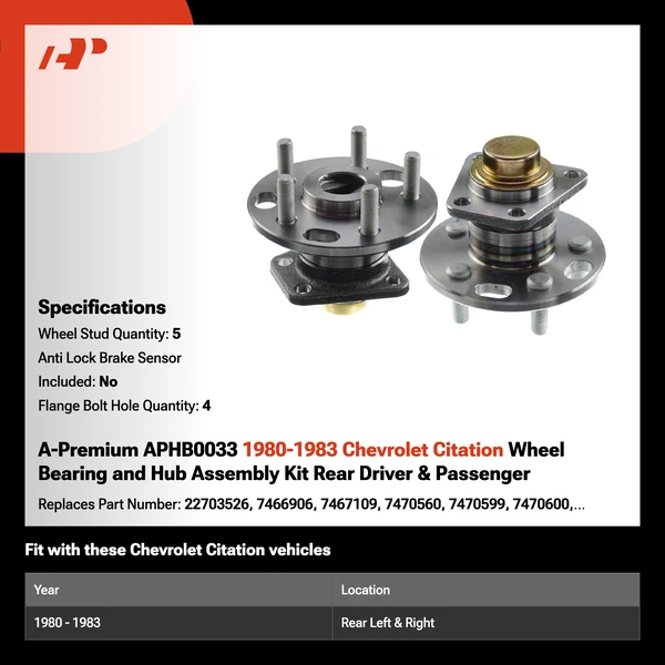 A-Premium APHB0033 1980-1983 Chevrolet Citation Wheel Bearing and Hub Assembly Kit Rear Driver & Passenger