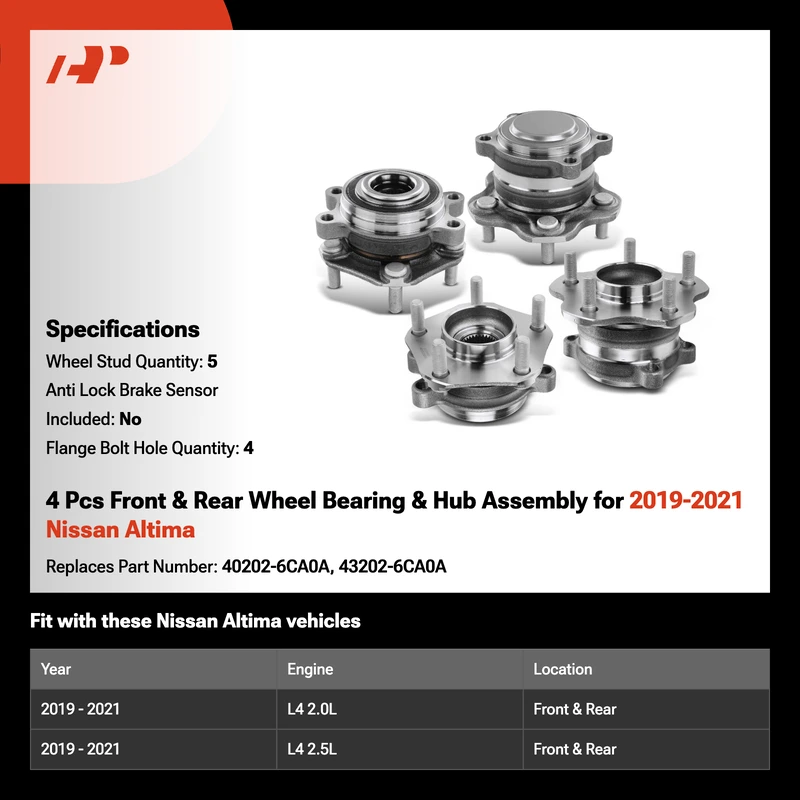 4 Pcs Front & Rear Wheel Bearing & Hub Assembly for 2019-2021 Nissan Altima
