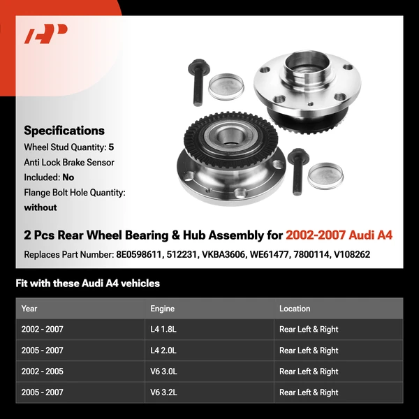 2 Pcs Rear Wheel Bearing & Hub Assembly for 2002-2007 Audi A4