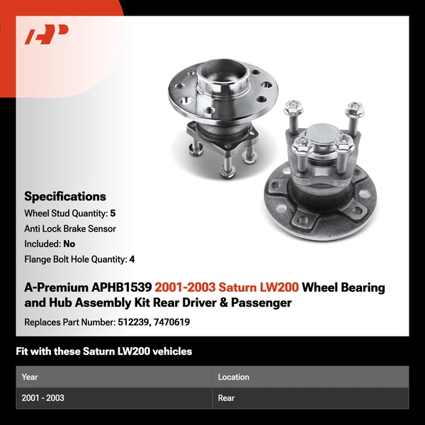 A-Premium APHB1539 2001-2003 Saturn LW200 Wheel Bearing and Hub Assembly Kit Rear Driver & Passenger