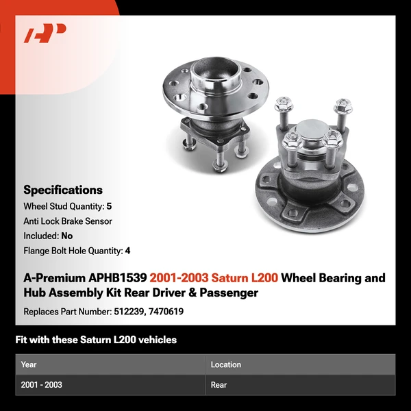 A-Premium APHB1539 2001-2003 Saturn L200 Wheel Bearing and Hub Assembly Kit Rear Driver & Passenger