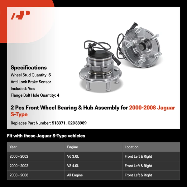 2 Pcs Front Wheel Bearing & Hub Assembly for 2000-2008 Jaguar S-Type