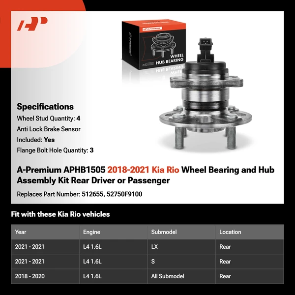 A-Premium APHB1505 2018-2021 Kia Rio Wheel Bearing and Hub Assembly Kit Rear Driver or Passenger