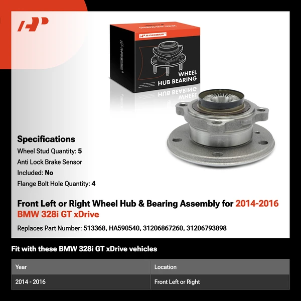 Front Left or Right Wheel Hub & Bearing Assembly for 2014-2016 BMW 328i GT xDrive