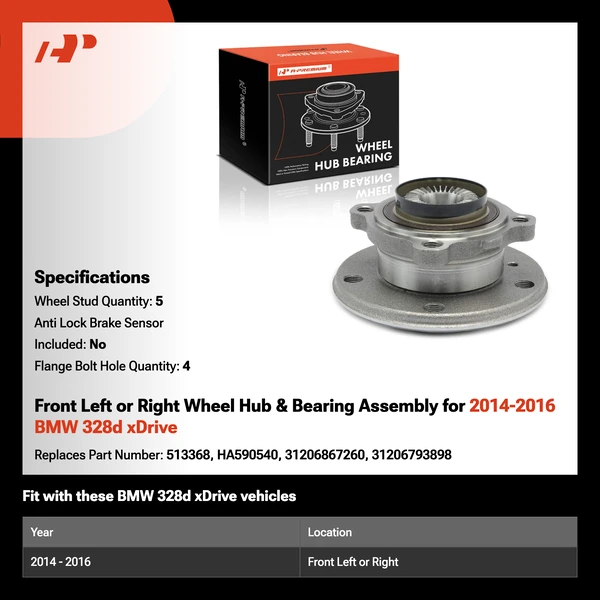 Front Left or Right Wheel Hub & Bearing Assembly for 2014-2016 BMW 328d xDrive
