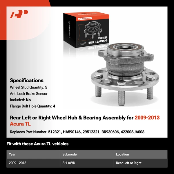 Rear Left or Right Wheel Hub & Bearing Assembly for 2009-2013 Acura TL