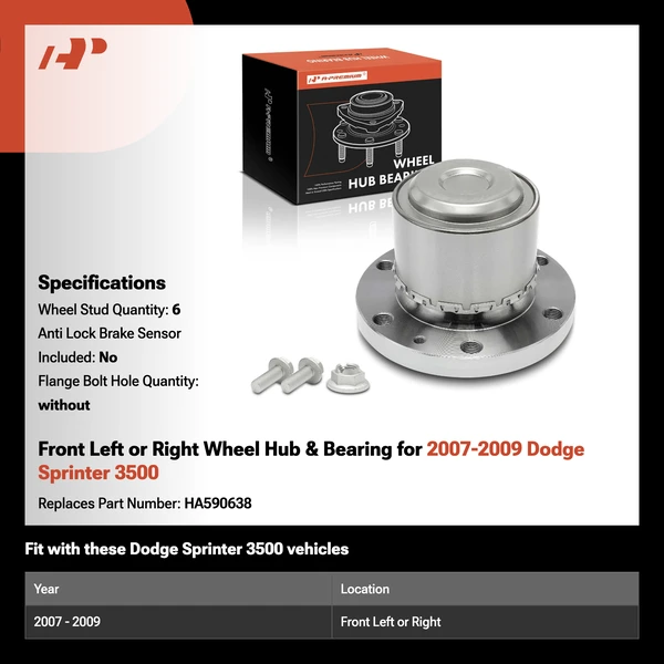 A-Premium APHB1527 2007-2009 Dodge Sprinter 3500 Wheel Bearing and Hub Assembly Kit Front Driver or Passenger