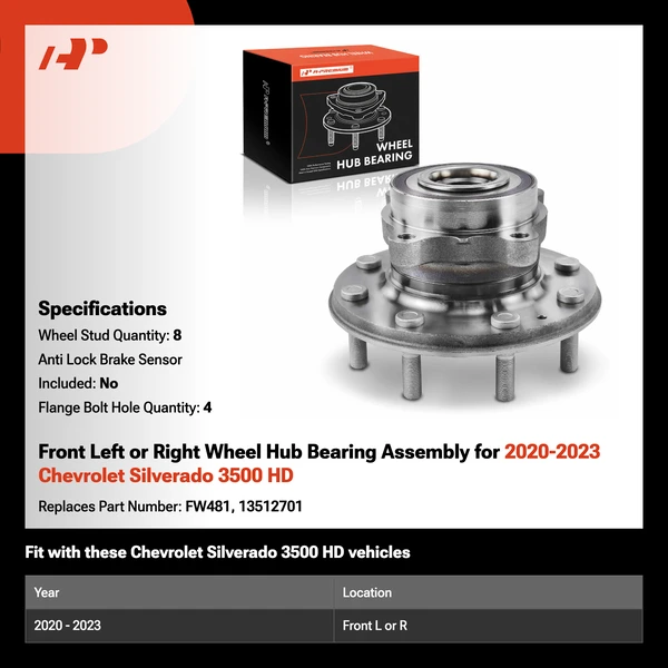 A-Premium APHB1536 2020-2023 Chevrolet Silverado 3500 HD Wheel Bearing and Hub Assembly Kit Front Driver or Passenger